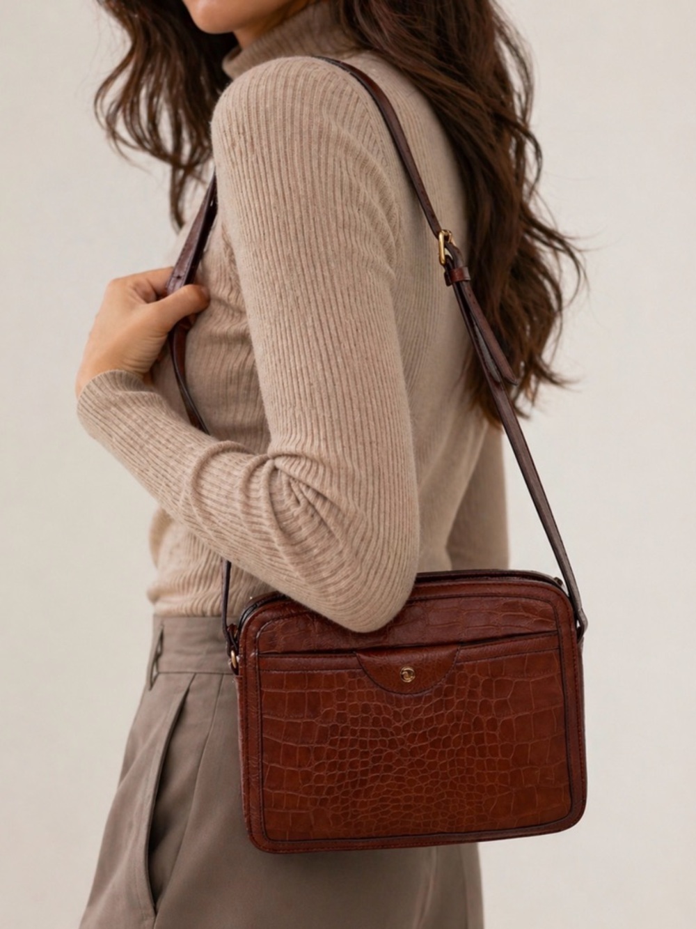 April Cornell Croc-Embossed Brown Leather Shoulder Bag